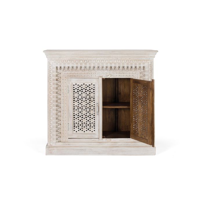 GINER Y COLOMER Buffet en bois de manguier massif sculpté main, finition blanc vieilli, 100x110x40 cm 1