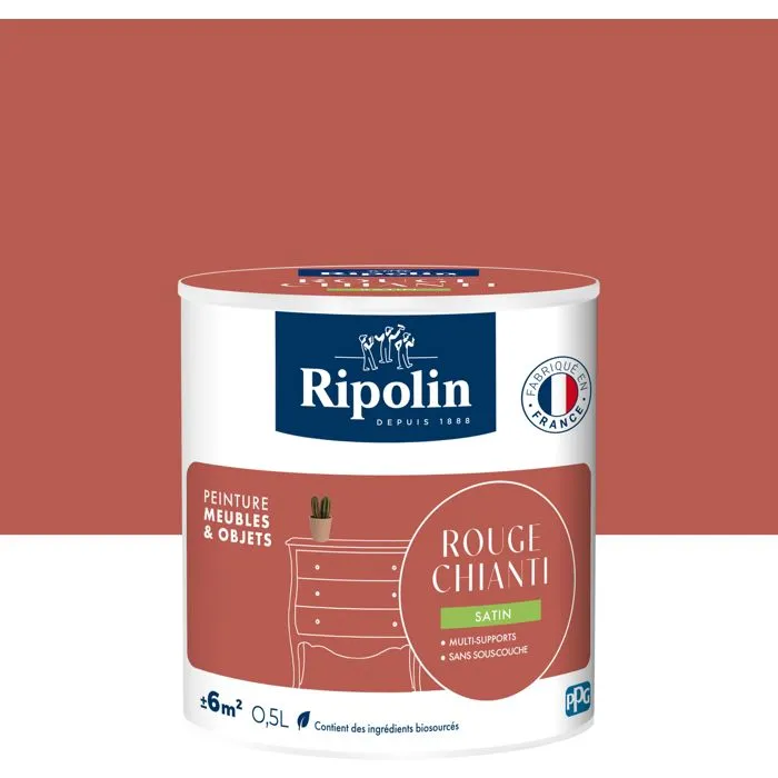 Ripolin - Peinture pour meubles et objets - Rouge chianti satiné - 0,5L - Pour bois, mélaminé, stratifié, métal - Intérieur et extérieur - Sans sous-couche