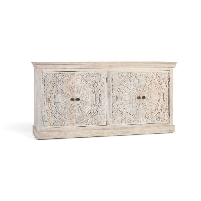 GINER Y COLOMER Buffet 4 portes en bois de manguier massif couleur sable fabriqué à la main - Avec sculptures et étagères intérieures 1 GINER Y COLOMER Buffet 4 portes en bois de manguier massif couleur sable fabriqué à la main - Avec sculptures et étagères intérieures 1