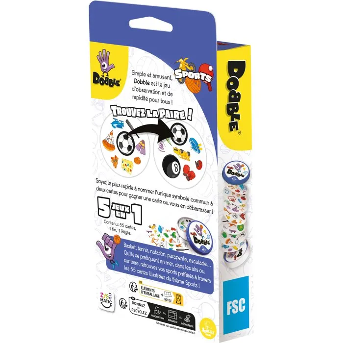 Asmodee Zygomatic Jeu Dobble Sports - Jeu d'observation et de réflexes en français - À partir de 6 ans - 2 à 8 joueurs - Boîte métal - Cartes symboles sportifs (tennis, basket)