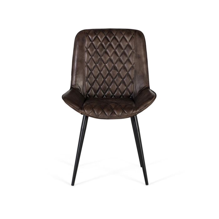 GINER Y COLOMER Chaise design en cuir gris cendré avec piètement en fer noir mat - Détails de couture en losange, mobilier contemporain 1