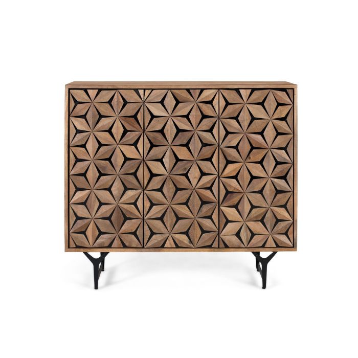 Buffet en Bois de Mango Massif avec Portes Sculptées à la Main, Design Contemporain Rustique sur Pieds en Fer Noir - 3 Portes, Étagères Intérieures Buffet en Bois de Mango Massif avec Portes Sculptées à la Main, Design Contemporain Rustique sur Pieds en Fer Noir - 3 Portes, Étagères Intérieures