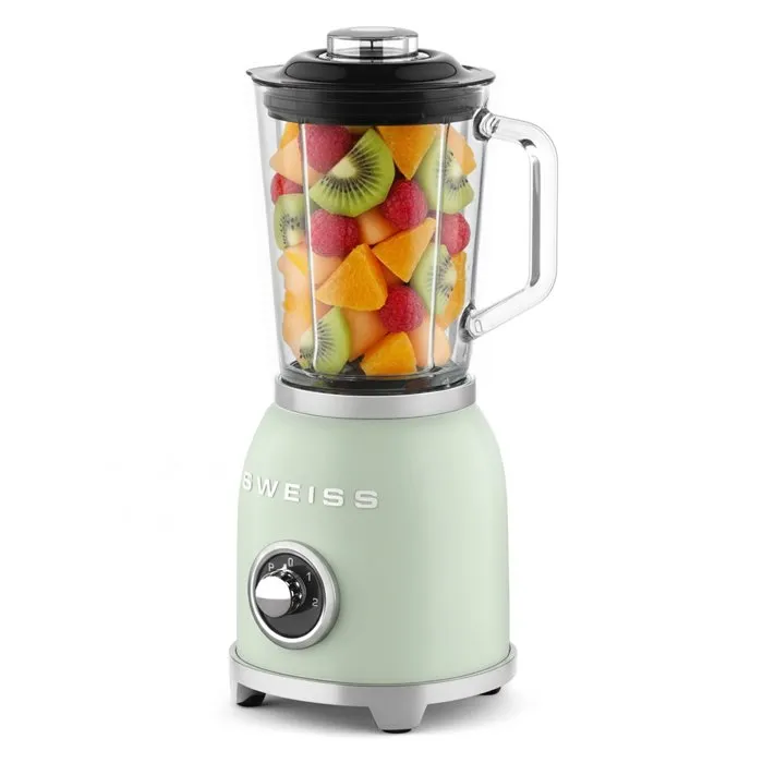 Sweiss Blender Vintage MXV7 - Bol 1,5 L - 1000 W - 2 Vitesses + Mode Pulse - Vert - 6 Lames Robustes Amovibles - Mixeur Puissant