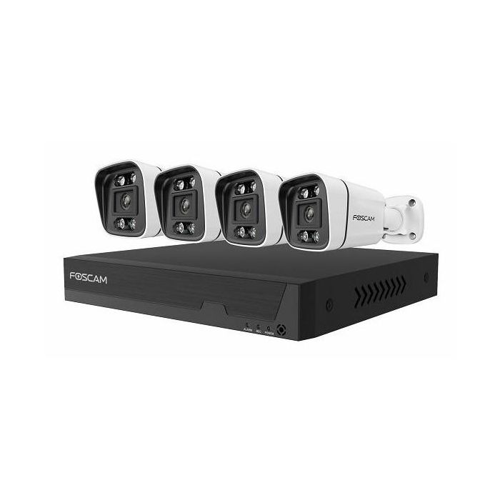 Foscam FN9108E-B4-2T Kit de vidéosurveillance avec enregistreur - 4 caméras dômes extérieures 5MP, filaire, résolution 5MP, vision nocturne 20m, IP66, 2 To de stockage