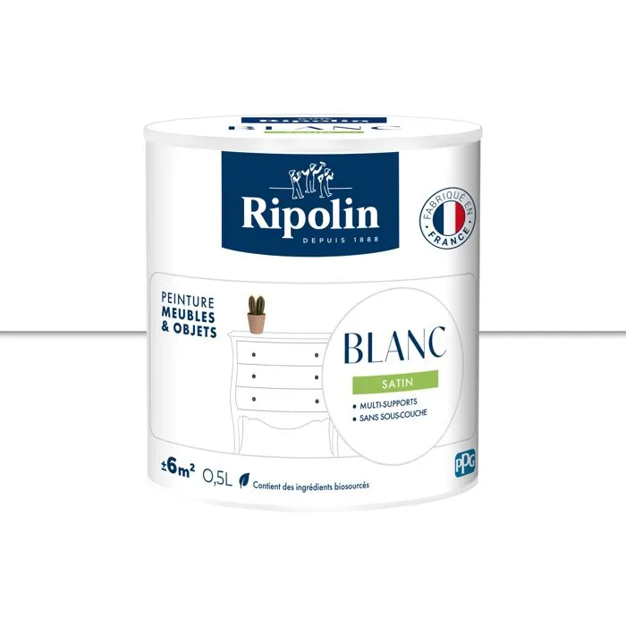 Ripolin - Peinture pour Meubles & Objets Blanc Satiné 0.5L - Relooking Intérieur et Extérieur Sans Sous-Couche Ripolin - Peinture pour Meubles & Objets Blanc Satiné 0.5L - Relooking Intérieur et Extérieur Sans Sous-Couche