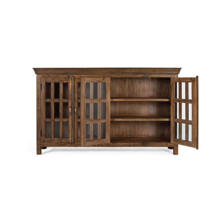 GINER Y COLOMER - Buffet sculpté à la main en bois de teck recyclé avec finition noisette vieillie, vitres et poignées dorées - Dimensions: portes 81x41 cm 2