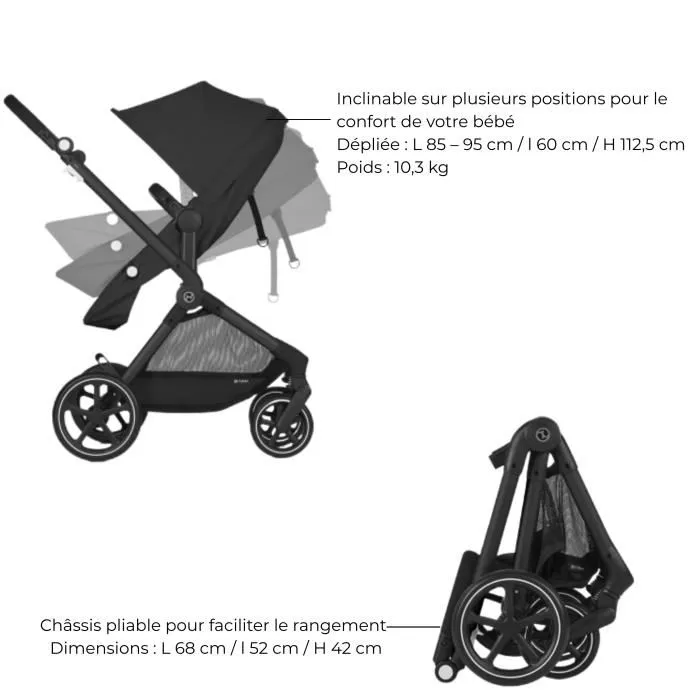 Cybex Poussette EOS PLUS + Cloud G Trio : Poussette convertible, siège auto extensible nouveau-né, nacelle convertible en siège 3