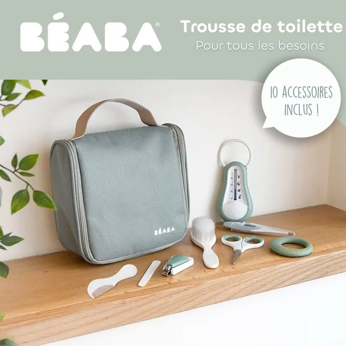 Beaba Trousse de toilette bébé 10 accessoires - Thermomètre, coupe-ongles, peigne, brosse, mouche-bébé - Format compact avec crochet - Vert sauge Beaba Trousse de toilette bébé 10 accessoires - Thermomètre, coupe-ongles, peigne, brosse, mouche-bébé - Format compact avec crochet - Vert sauge