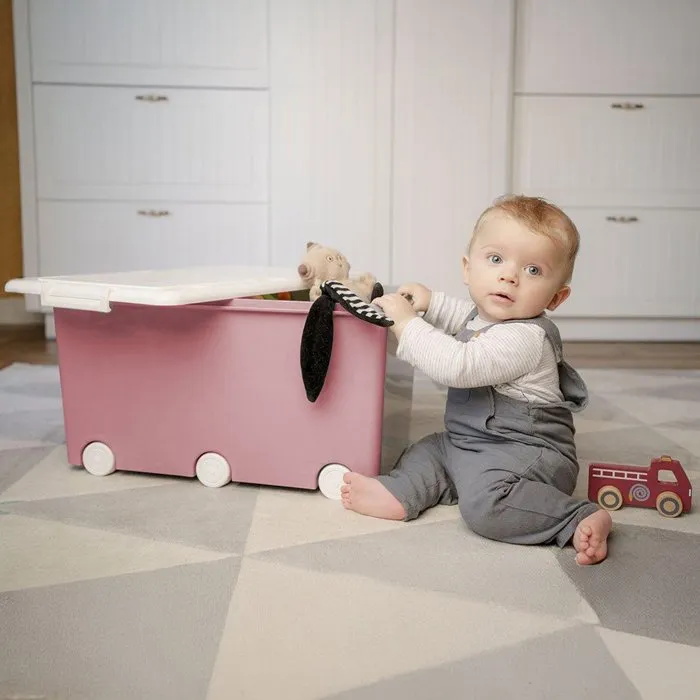 PLAYBOX Coffre de rangement Maxi avec roulettes, Thermobaby, grand coffre pour jouets, peluches, livres et rangement des chambres d'enfant - Rose