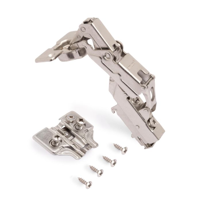 Emuca Lot de 10 charnières coudées X91 Ouverture à 165 degrés avec fermeture amortie et embases Euro, Hauteur 0, Acier, Nickelé 1