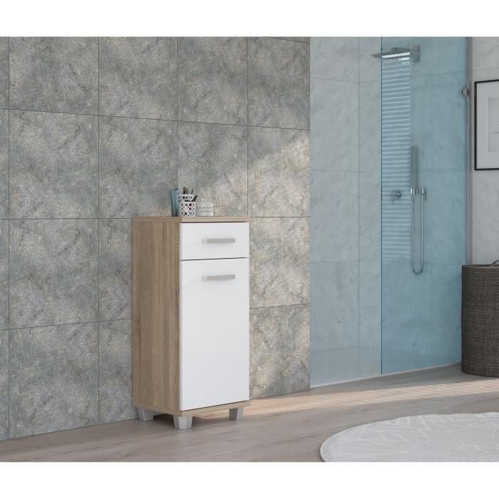 Meuble bas de salle de bain - L40,2 x P34,8 x H 90,8cm - Blanc et Chene - VERIS 1 Meuble bas de salle de bain - L40,2 x P34,8 x H 90,8cm - Blanc et Chene - VERIS 1