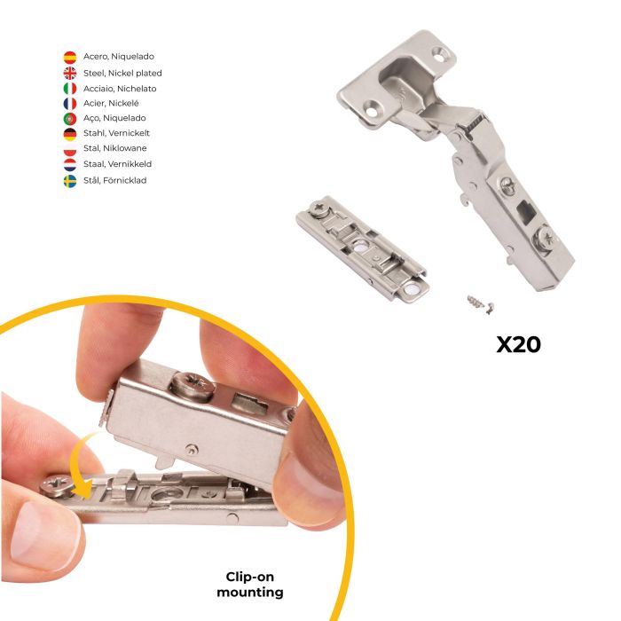 Emuca Lot de 20 charnières coudées X91 à fermeture amortie avec embases droite à visser, Hauteur 1, Acier, Nickelé 3 Emuca Lot de 20 charnières coudées X91 à fermeture amortie avec embases droite à visser, Hauteur 1, Acier, Nickelé 3