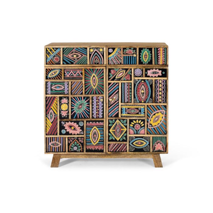 Giner y Colomer - Buffet en bois de manguier massif 80 cm, 2 portes 2 tiroirs, finition naturelle avec détails peints à main 0 Giner y Colomer - Buffet en bois de manguier massif 80 cm, 2 portes 2 tiroirs, finition naturelle avec détails peints à main 0