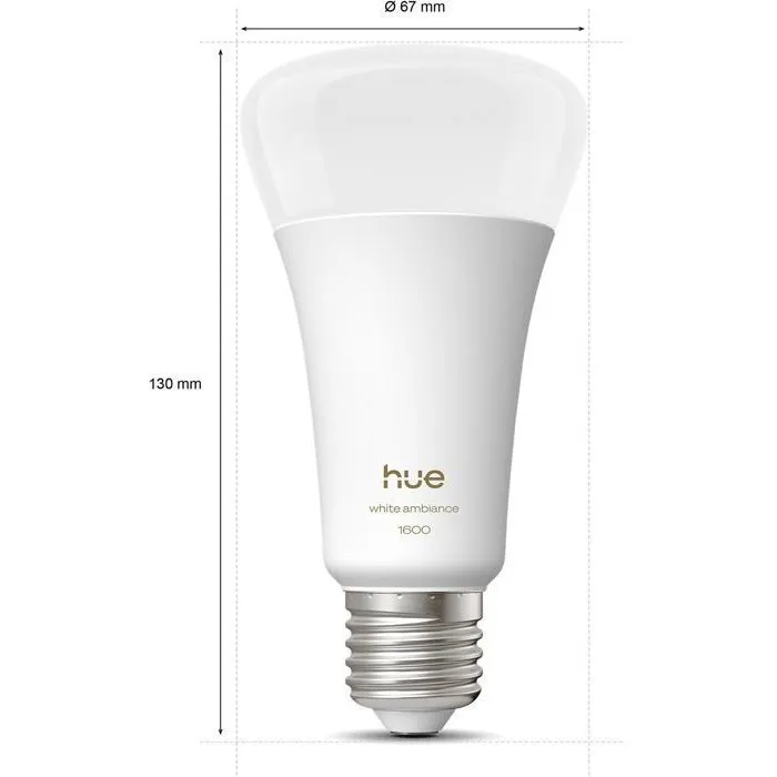 Philips Hue Ampoule LED connectée E27 11,8W A67 - Blanc chaud 2700K 1600 lumens - Gradation fluide 5%-100% compatible application Hue Philips Hue Ampoule LED connectée E27 11,8W A67 - Blanc chaud 2700K 1600 lumens - Gradation fluide 5%-100% compatible application Hue