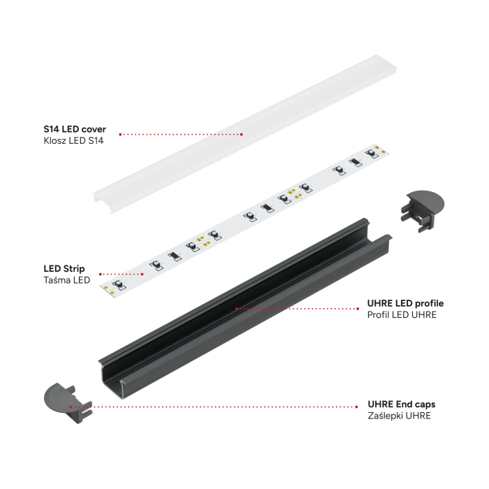 KIMERA Profil Aluminium UHRE Anodisé Argenté avec Diffuseur Opal, Bouchons et Clips de Fixation 2.02m 1