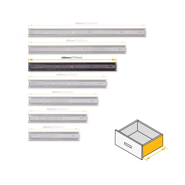 Emuca Lot de 5 jeux de Coulisses pour tiroirs, roulement à billes, hauteur 45mm, profondeur 450mm, sortie totale, Noir 7
