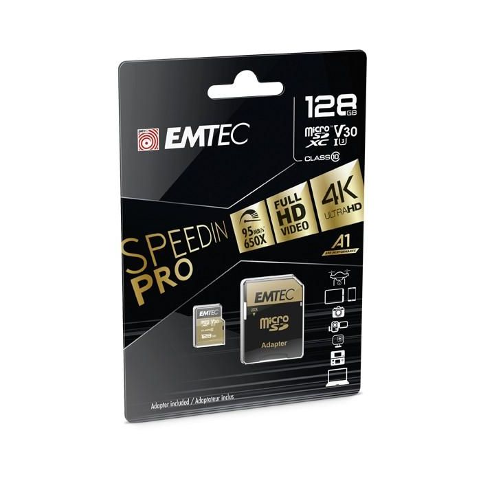 EMTEC ECMSDM128GXC10SP SpeedIN Pro Carte Micro SD 128GB UHS-I U3 V30 A1 - Gold
