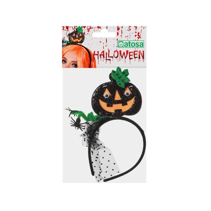 Tiara d'Halloween avec citrouille noire et verte, toiles d'araignée et nœud à pois - Accessoire de déguisement de sorcière ou fantôme