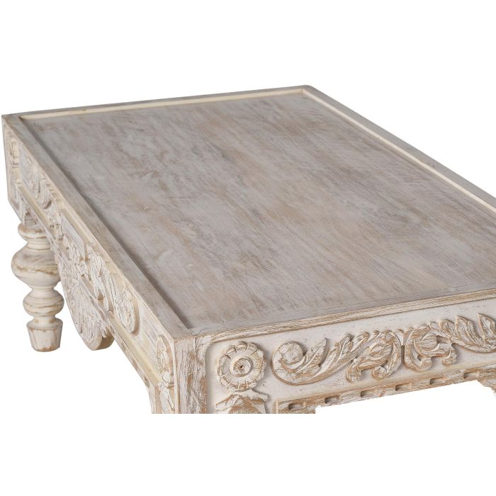 GINER Y COLOMER Table basse en bois de manguier sculptée à la main, style rustique élégant, finition blanc vieilli, 110 x 60 x 46 cm 2