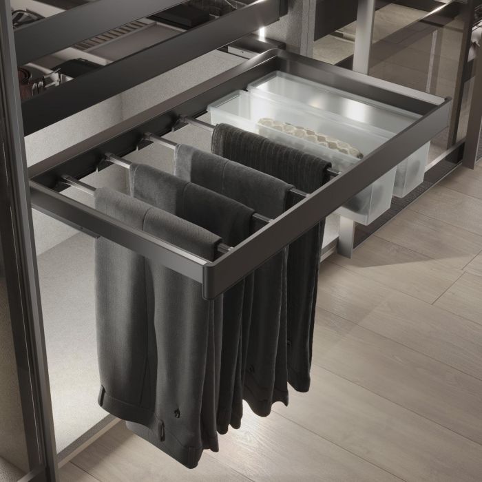 Emuca Kit de porte-pantalon à 7tringles et rack ajustable Quartz pour armoires, glissières extension totale et à fermeture douce, Module 60cm, Finition Titane 1