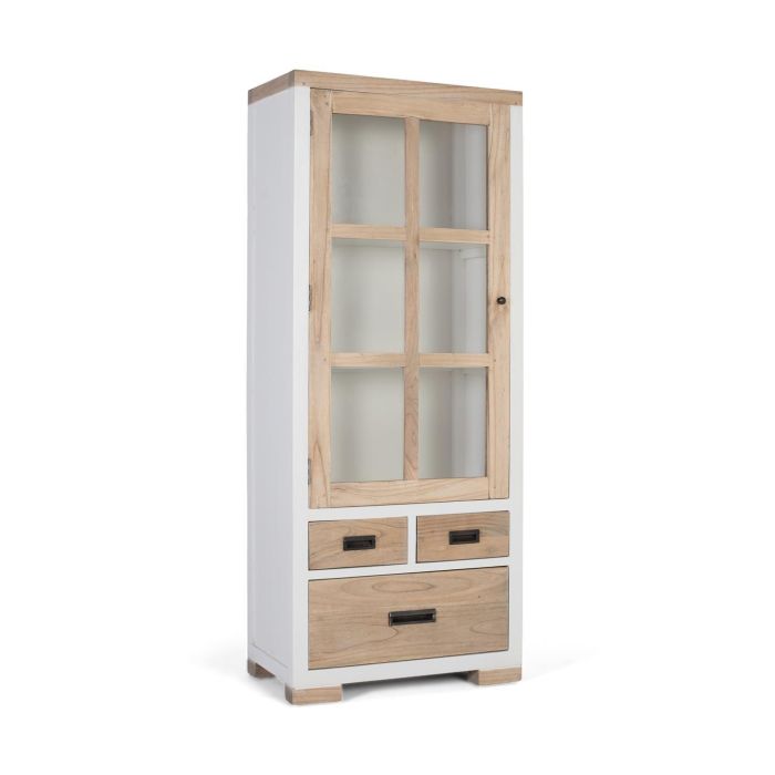 GINER Y COLOMER Buffet en bois massif de mindi avec porte vitrée et 3 tiroirs - Meuble de rangement blanc et naturel pour salon ou salle à manger 1 GINER Y COLOMER Buffet en bois massif de mindi avec porte vitrée et 3 tiroirs - Meuble de rangement blanc et naturel pour salon ou salle à manger 1