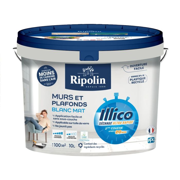Ripolin Illico Peinture pour Murs et Plafonds, Blanc Mat, Ultra-Couvrante et à Séchage Rapide (20 min), Fabrication Française, 10 L