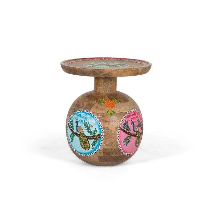 GINER Y COLOMER Table d'appoint en bois de manguier massif de style bohème, peinte à la main avec des détails colorés - Forme tambour, plateau circulaire 0 GINER Y COLOMER Table d'appoint en bois de manguier massif de style bohème, peinte à la main avec des détails colorés - Forme tambour, plateau circulaire 0