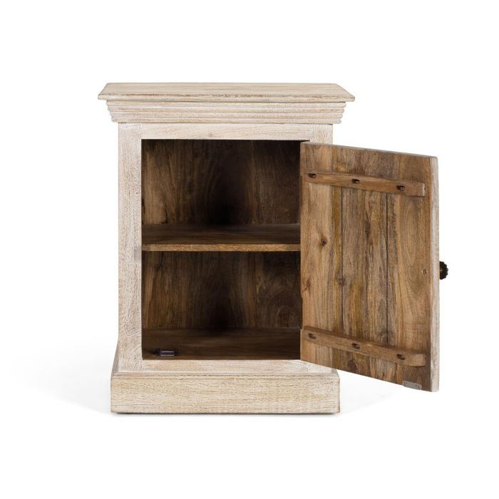 GINER Y COLOMER Table de Chevet en Bois de Mango Acajou, Finition Sable avec Porte Sculptée à la Main, Tiroir et Poignée Noire 2