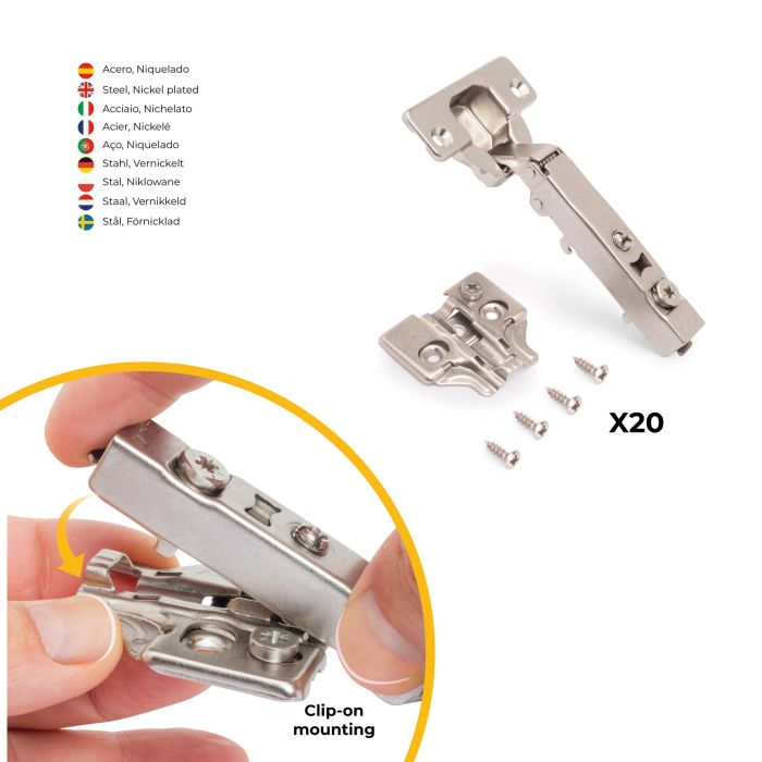 Emuca Lot de 20 charnières droites X92 avec fermeture amortie et embase à visser, Hauteur 0, Acier, Nickelé 3