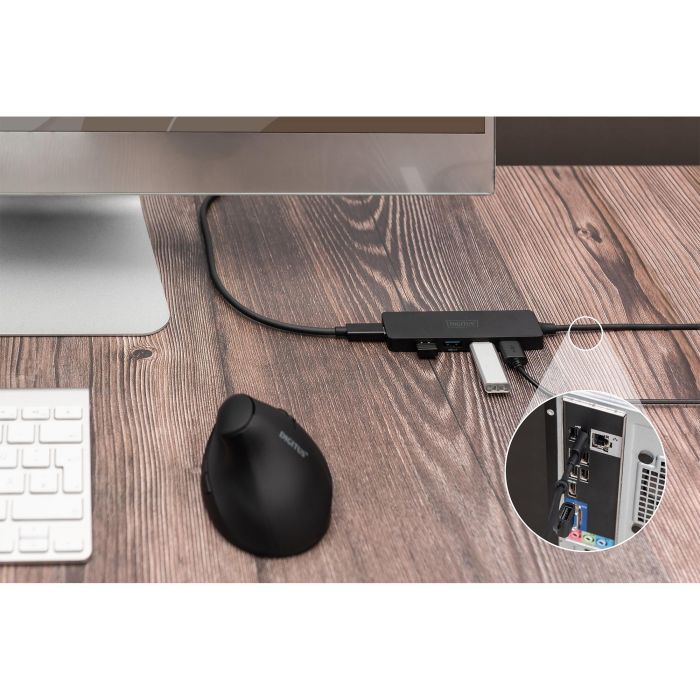 Digitus Hub USB 3.0 4 Ports Slim avec Câble USB-C 1,2 m - Hub USB 3.2 Gen 1 (5 Gbit/s) Compact et Noir