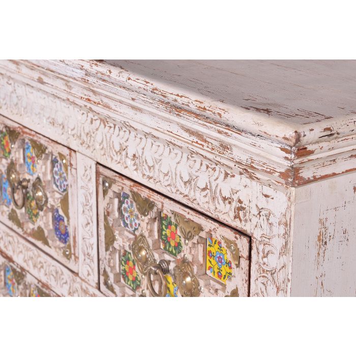 GINER Y COLOMER Commode 4 tiroirs en bois de manguier avec détails en céramique et bronze - Couleur blanc vieilli - 90 x 90 x 40 cm 4 GINER Y COLOMER Commode 4 tiroirs en bois de manguier avec détails en céramique et bronze - Couleur blanc vieilli - 90 x 90 x 40 cm 4