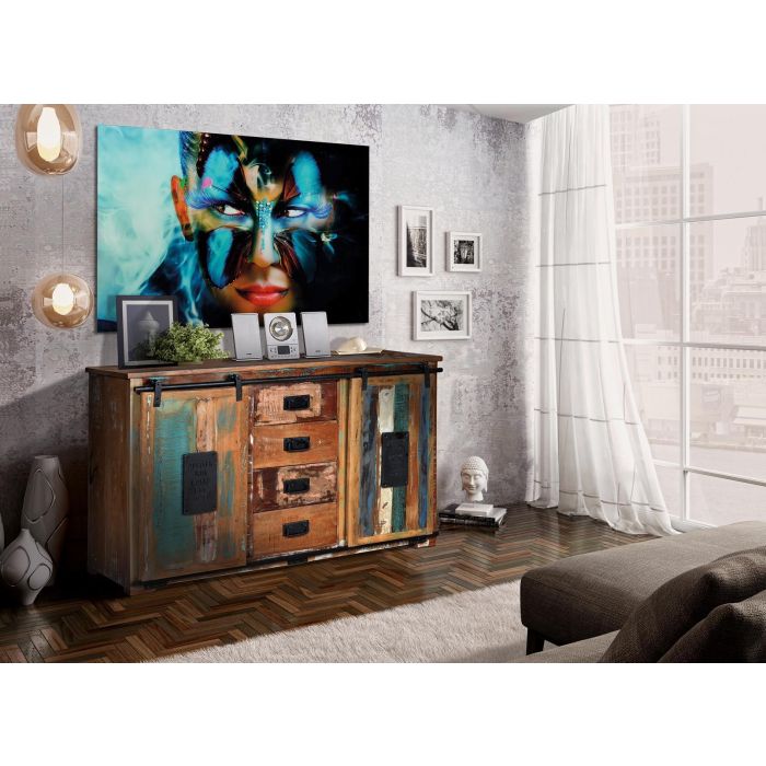 GINER Y COLOMER Buffet Exclusif en Bois Recyclé Multicolore avec 4 Tiroirs, 2 Portes Coulissantes - 130 x 81 x 38 cm 3 GINER Y COLOMER Buffet Exclusif en Bois Recyclé Multicolore avec 4 Tiroirs, 2 Portes Coulissantes - 130 x 81 x 38 cm 3