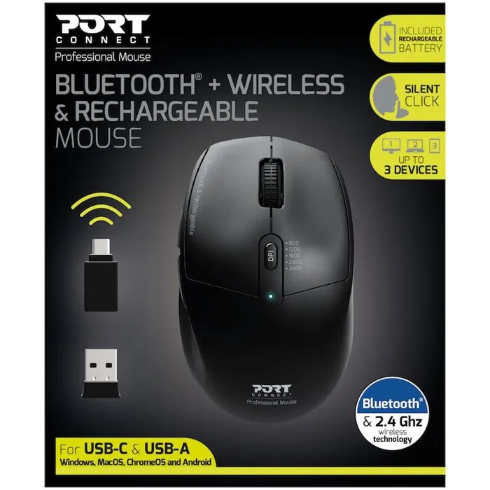 Port Designs Souris Sans Fil 900715 PRO, Bluetooth et 2.4 GHz, Rechargeable, 5 Boutons, 6 Mois d'Autonomie, Ambidextre, Noir - Compatible Windows, Mac, Android