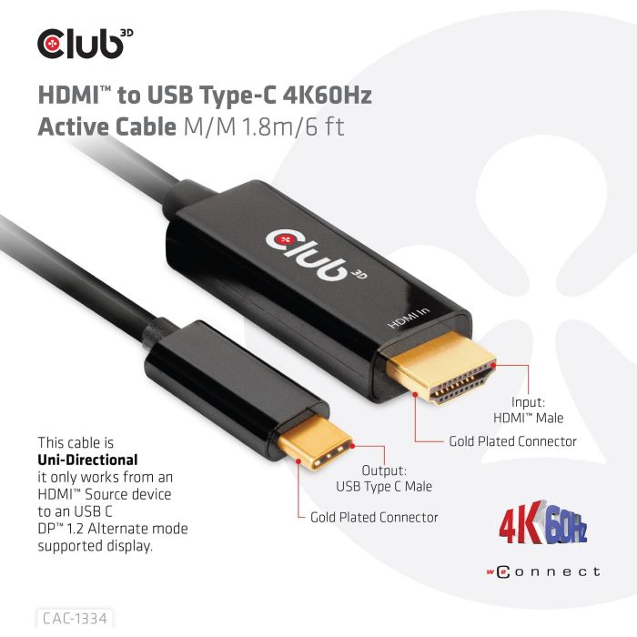 Club3D HDMI-Kabel A -> USB-C aktiv 4K60Hz 1.8m retail 5