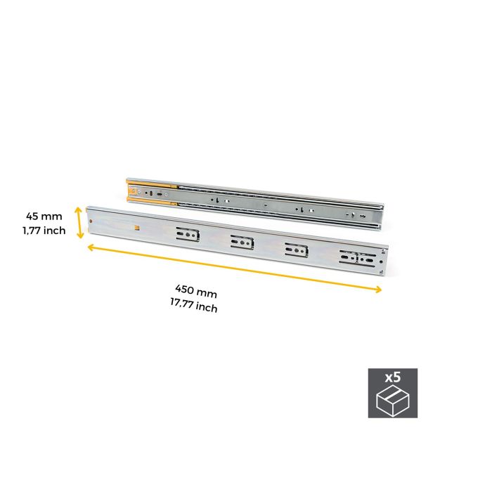 Emuca Lot de 5 jeux de coulisses de tiroirs, roulement à billes, hauteur 45mm, profondeur 450mm, sortie totale, fermeture amortie, Zingué 10