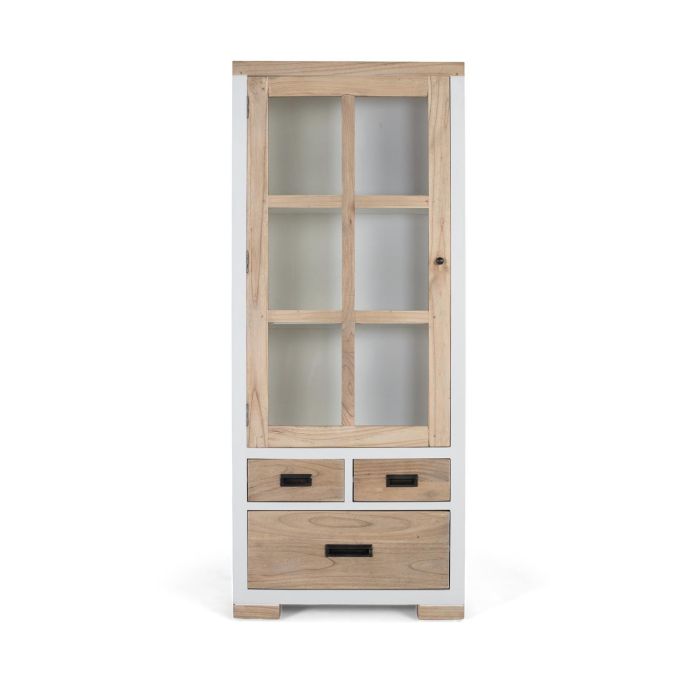 GINER Y COLOMER Buffet en bois massif de mindi avec porte vitrée et 3 tiroirs - Meuble de rangement blanc et naturel pour salon ou salle à manger 0 GINER Y COLOMER Buffet en bois massif de mindi avec porte vitrée et 3 tiroirs - Meuble de rangement blanc et naturel pour salon ou salle à manger 0