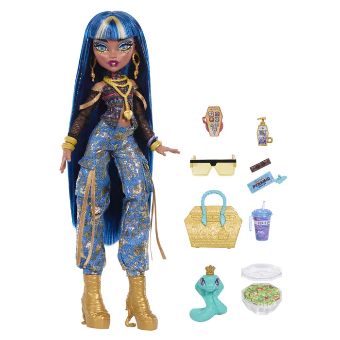 Monster High Poupet Cléo JHK32 - Poupée avec cobra et 7 accessoires, tenue dorée et lapis-lazuli Monster High Poupet Cléo JHK32 - Poupée avec cobra et 7 accessoires, tenue dorée et lapis-lazuli