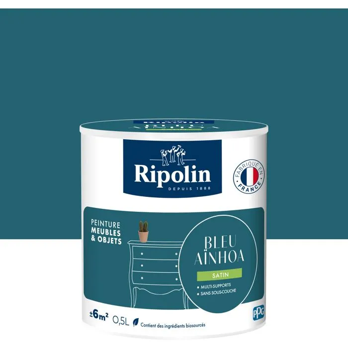 Ripolin - Peinture Meuble & Objet Satiné - Bleu Ainoha - 0,5 L - Sans sous-couche - Intérieur et extérieur