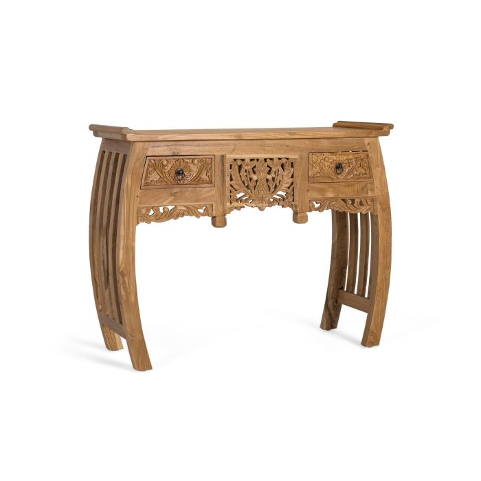 GINER Y COLOMER Console en bois de teca massif 100 cm avec 2 tiroirs à motifs floraux - Style balinéis - Structure pattes courbées - Meuble d'entrée décoratif 1 GINER Y COLOMER Console en bois de teca massif 100 cm avec 2 tiroirs à motifs floraux - Style balinéis - Structure pattes courbées - Meuble d'entrée décoratif 1