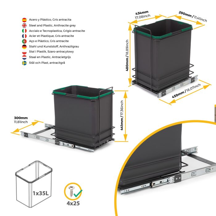 Emuca poubelle de recyclage pour montage inférieur et extraction manuelle pour meuble de cuisine Recycle 1x35 litres, Plastique gris anthracite 4