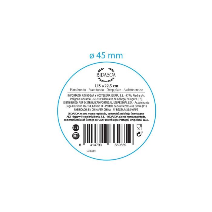 Plato Hondo Porcelana Lis Bidasoa 22,5 cm (24 Unidades) 4 Plato Hondo Porcelana Lis Bidasoa 22,5 cm (24 Unidades) 4