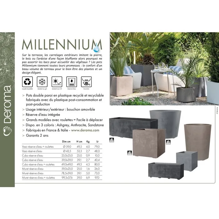 Deroma Millennium Pot de fleurs rond avec réserve d'eau, 48 litres, diamètre 43 cm, couleur marron, pour intérieur et extérieur