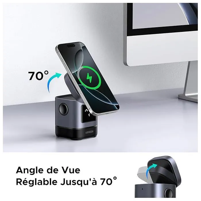 Ugreen Robot Qi2 Station de charge sans fil 2 en 1 Noir - Recharge rapide pour iPhone MagSafe et autre appareil, support intégré