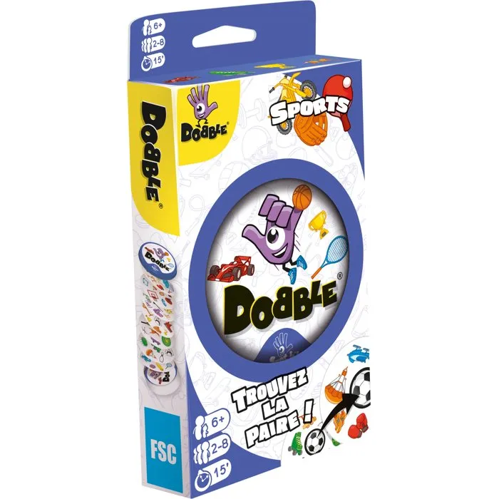 Asmodee Zygomatic Jeu Dobble Sports - Jeu d'observation et de réflexes en français - À partir de 6 ans - 2 à 8 joueurs - Boîte métal - Cartes symboles sportifs (tennis, basket)