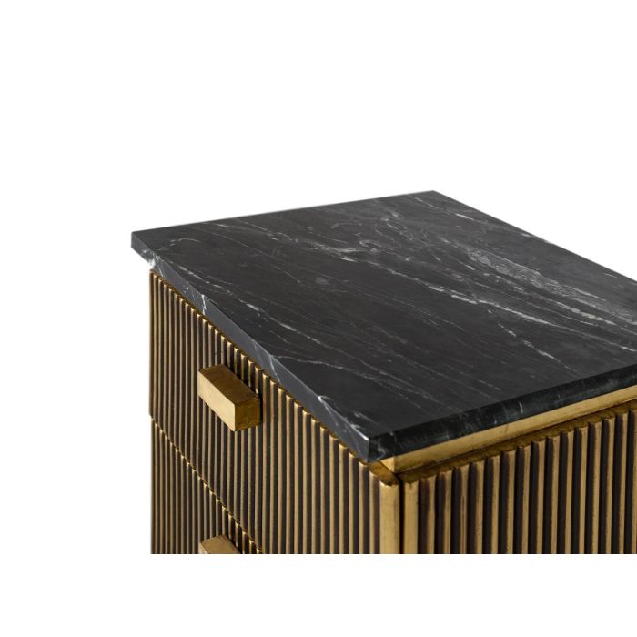 GINER Y COLOMER - Table de chevet 2 tiroirs artisanale en bois de manguier et marbre avec finition bronze - 50x40x60 cm