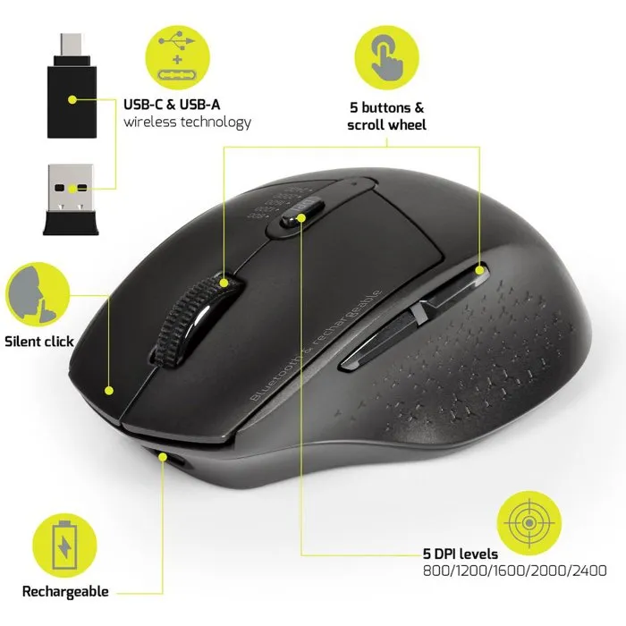 Port Designs Souris Sans Fil 900715 PRO, Bluetooth et 2.4 GHz, Rechargeable, 5 Boutons, 6 Mois d'Autonomie, Ambidextre, Noir - Compatible Windows, Mac, Android
