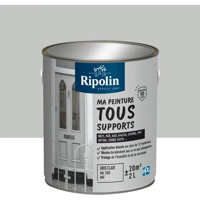 Ripolin Peinture Multi-Supports Gris Clair RAL 7035 Mat 2L - Application Directe Bois Fer Alu PVC Béton