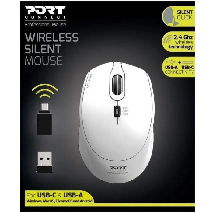 Port Designs Souris sans fil PORT Connect SILENT 2.4 GHz USB/USB-C Blanc - 1600 dpi, clics silencieux, souris optique