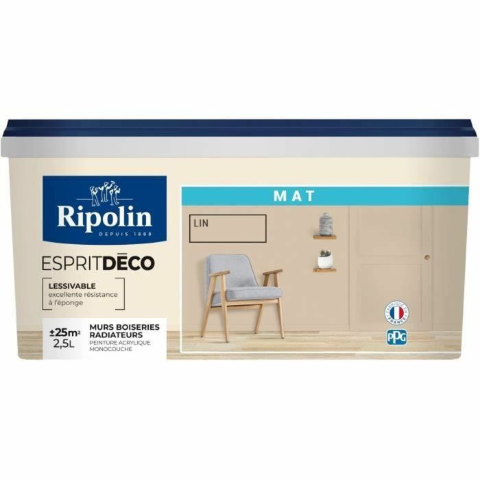 Ripolin Peinture Monocouche Lin Mat 2.5L - Pour murs, boiseries et radiateurs - Haute couvrance - Esprit Deco Ripolin Peinture Monocouche Lin Mat 2.5L - Pour murs, boiseries et radiateurs - Haute couvrance - Esprit Deco