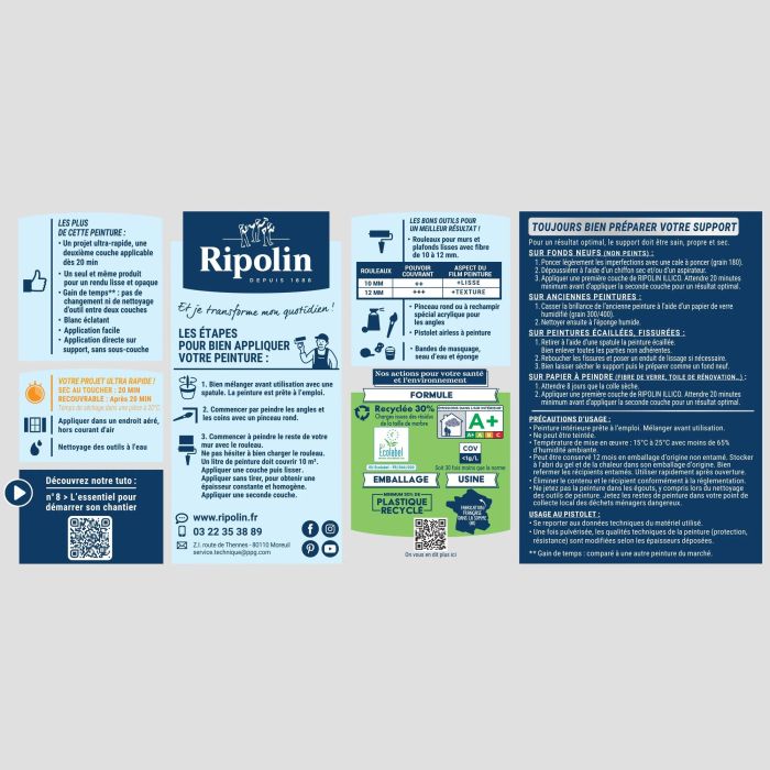 Ripolin - Peinture murale et pour plafond ILLICO 3 L - Blanc Mat - Ultra couvrante, séchage rapide 20 min - Fabriqué en France Ripolin - Peinture murale et pour plafond ILLICO 3 L - Blanc Mat - Ultra couvrante, séchage rapide 20 min - Fabriqué en France